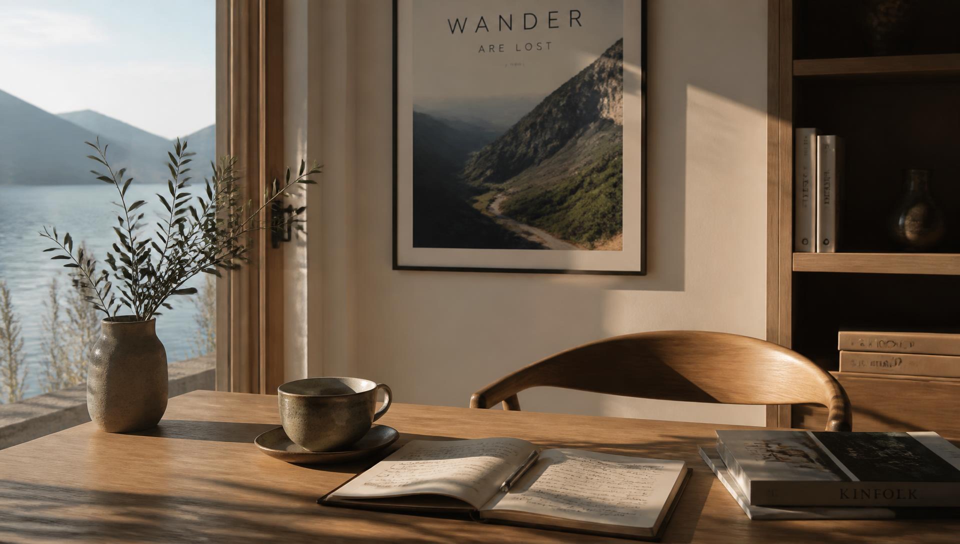 A calm interior with warm natural light, a wooden table and a view of water