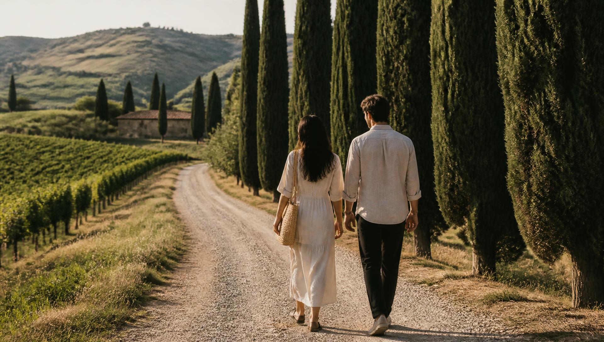 A couple walking along a quiet country path lined with cypress trees in soft afternoon light